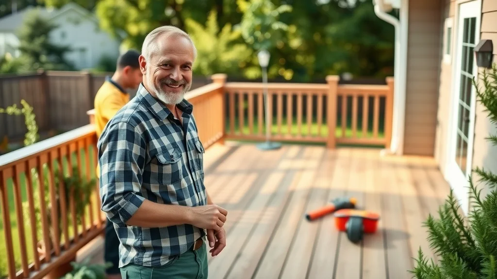 Inviting backyard deck for DIY deck building project, homeowner inspects new simple deck, wood boards, toolset, lush greenery