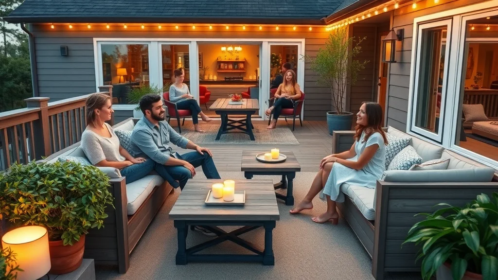 Family enjoying trendy outdoor living deck with built-in lighting and lounge zones. Keywords: deck build, outdoor living, living space