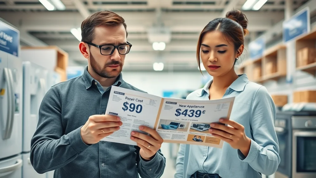 Eustis couple comparing repair costs for broken appliances in a local appliance store