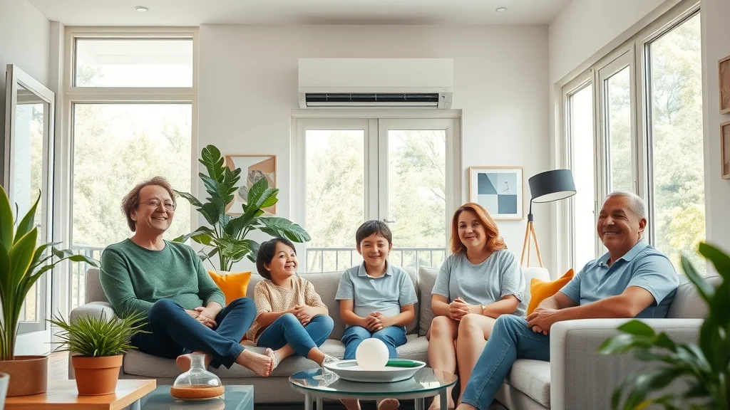 air conditioning asthma benefits in modern living room, diverse people with asthma comfortably relaxing, photorealistic airy interior