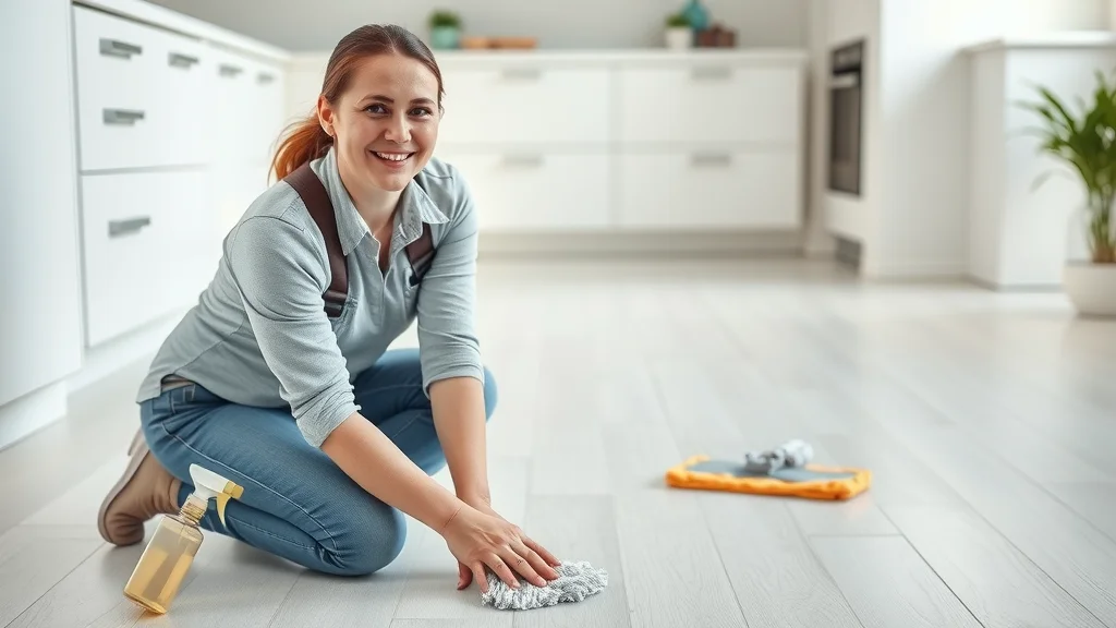 Experienced cleaner in Eustis smiling after a fantastic deep clean job, sparkling hard surface floor and kitchen