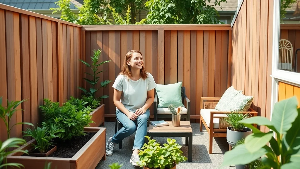 Small space deck makeover — Young couple enjoying a transformed tiny deck with planter boxes and compact seating, surrounded by thriving plants on a small patio with privacy fencing.
