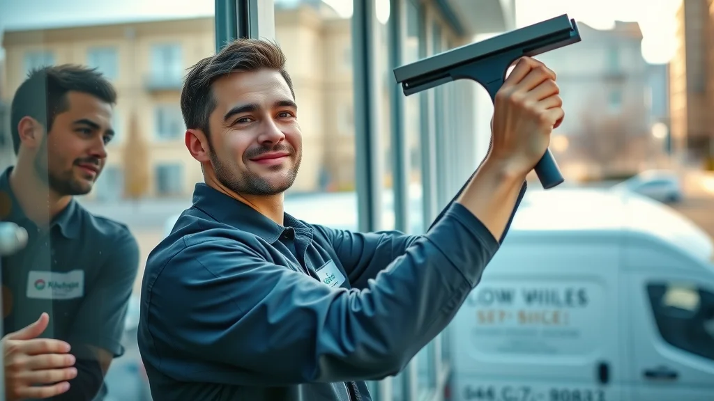 Professional window cleaner in uniform cleaning second-story window – window cleaning near me