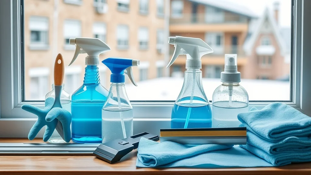 Organized set of professional window cleaning tools with squeegees, microfiber cloths, and spray bottles for streak-free window cleaning techniques.