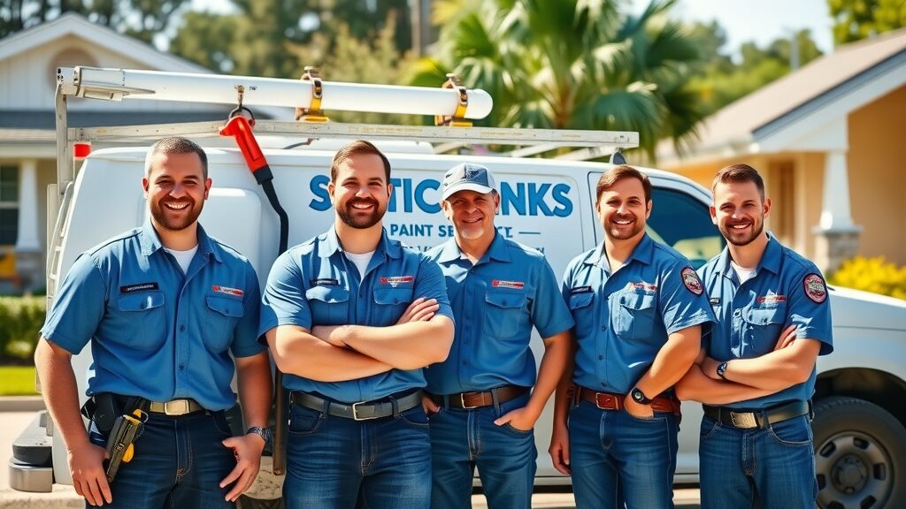 Team of professional septic tank contractors near branded service truck – reputable septic service Eustis FL