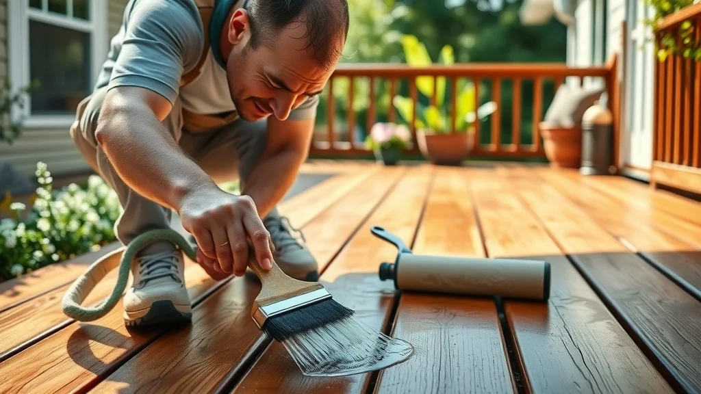 Wood deck maintenance: homeowner staining a wooden deck with brush, realistic outdoor scene with home, tools, rich wood grain, green foliage under sunlight