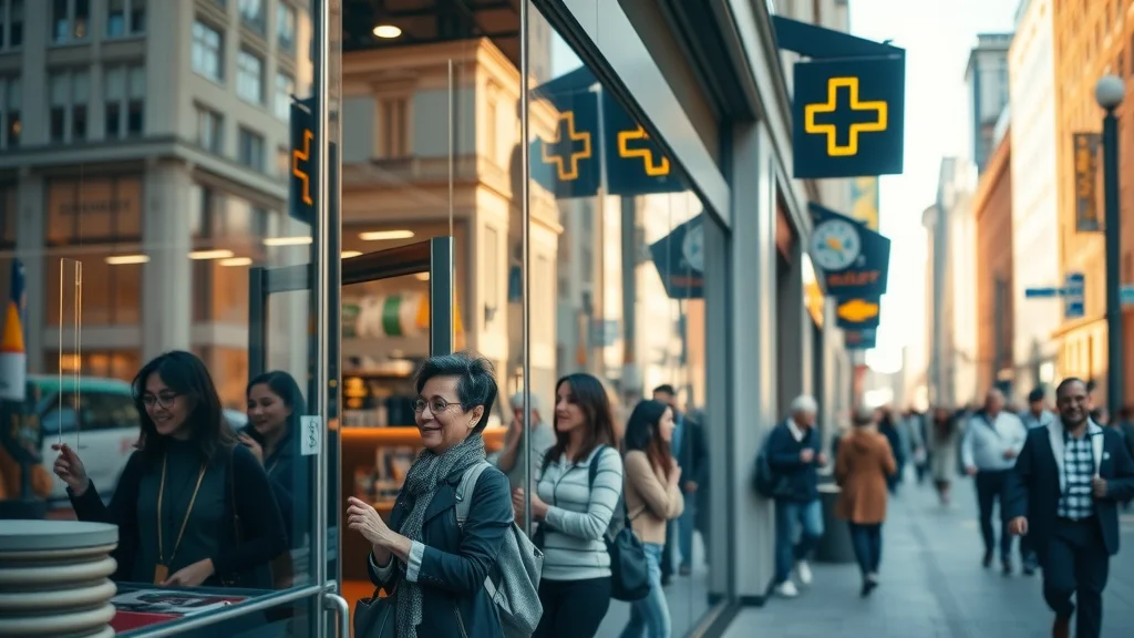 Vibrant urban storefront with sparkling clean windows, reflecting foot traffic and inviting customers. Commercial window cleaning services make business shine.
