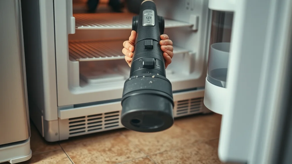 Closeup of hands vacuuming refrigerator coils — focused home appliance maintenance, lifelike depth refrigerator repair prevention in Eustis