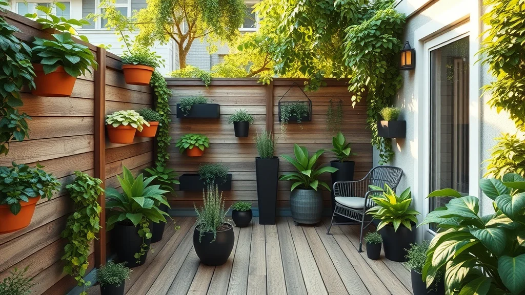 Vertical garden and privacy screen on a small backyard deck with climbing plants and wall planters