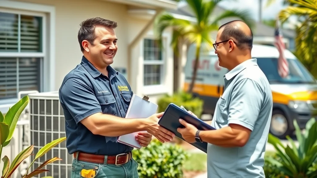 Friendly HVAC contractor and Florida homeowner reviewing ac installation for an energy saving air system