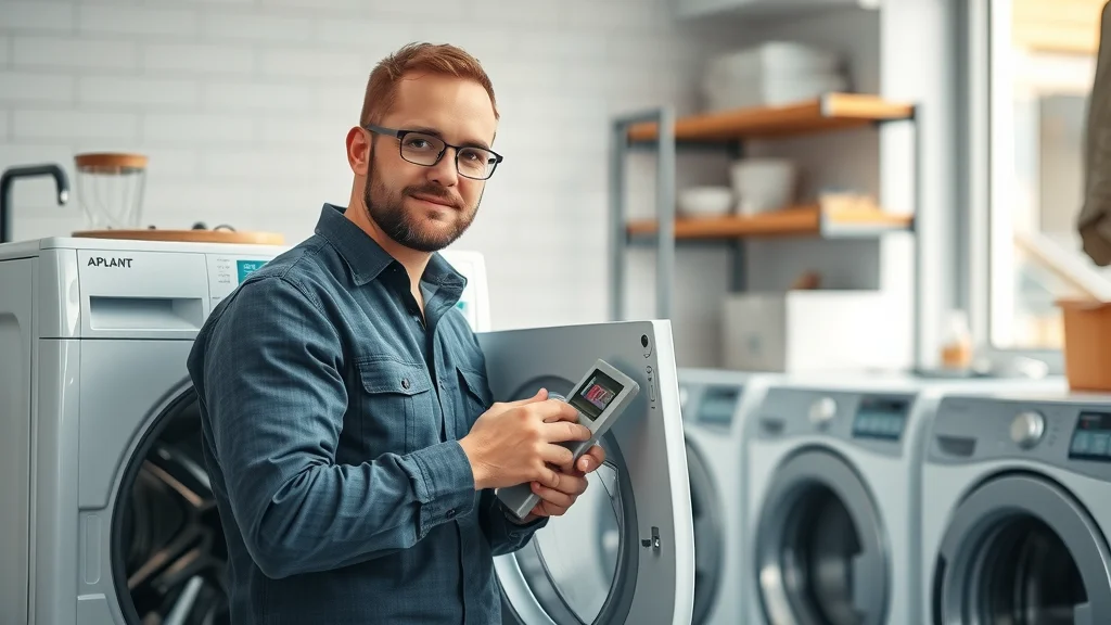 Environmental Protection Agency Professional appliance technician using diagnostic tool for appliance repair service in Eustis home laundry room