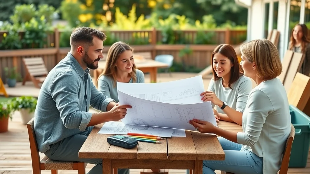 Family reviewing blueprints for deck budgeting guide with modern outdoor deck, construction materials, and tools in a lush backyard