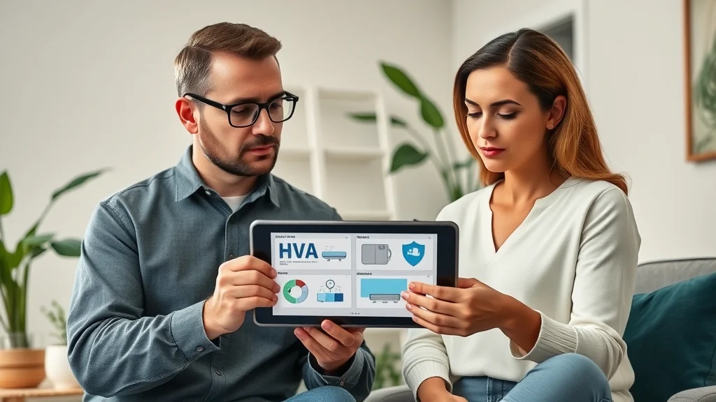 Homeowners discussing green HVAC solutions with a specialist, comparing different eco-friendly system options on a digital tablet
