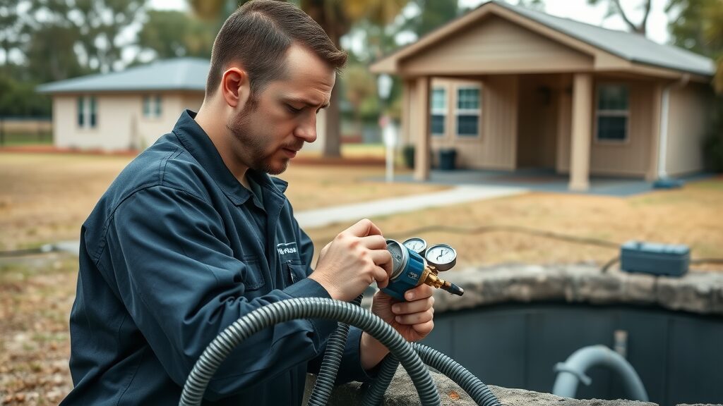 Septic tank technician inspecting outdoor tank in Eustis with advanced equipment, Florida home in background