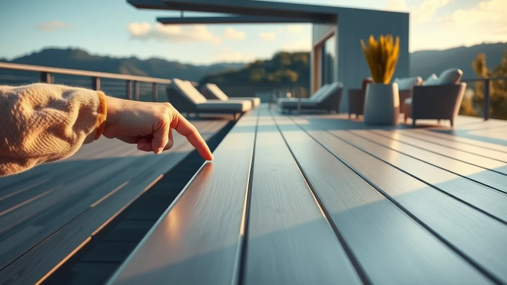 aluminum deck: modern outdoor deck with metallic boards, person pointing at texture, scenic view, minimalist style, realistic silver and blue tones, outdoor setting