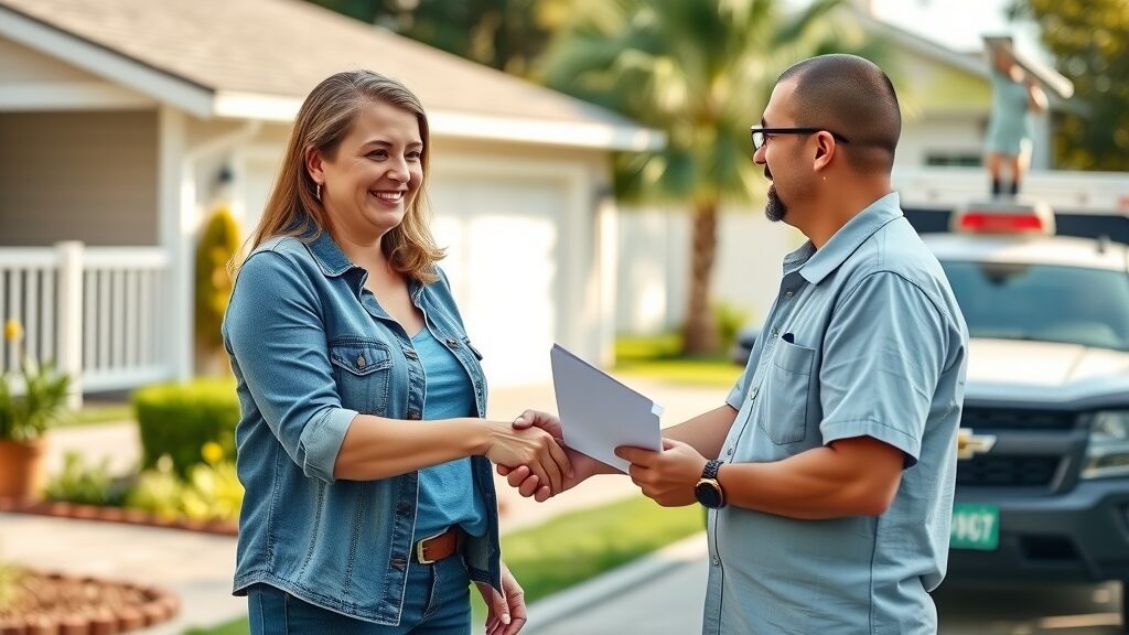 Homeowner and septic inspector shaking hands, local septic system inspection Eustis, visible company vehicle