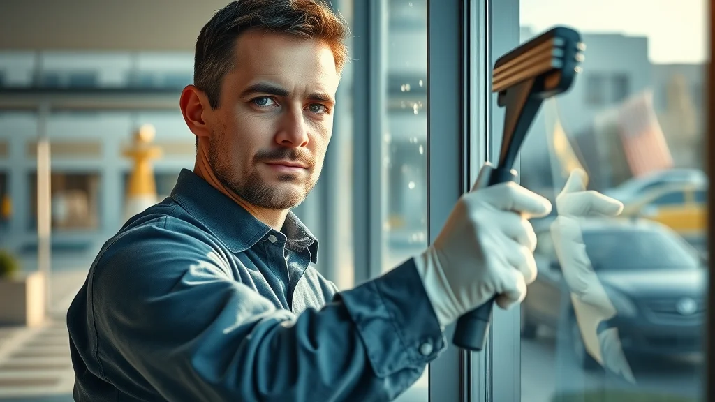 professional window washing service in Eustis showing a window cleaner at work with organized tools and city reflections