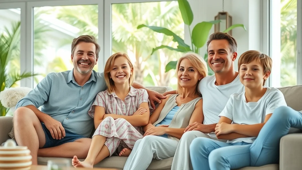 Smiling family in Eustis FL relaxing with asthma reduction AC system improving indoor air quality.