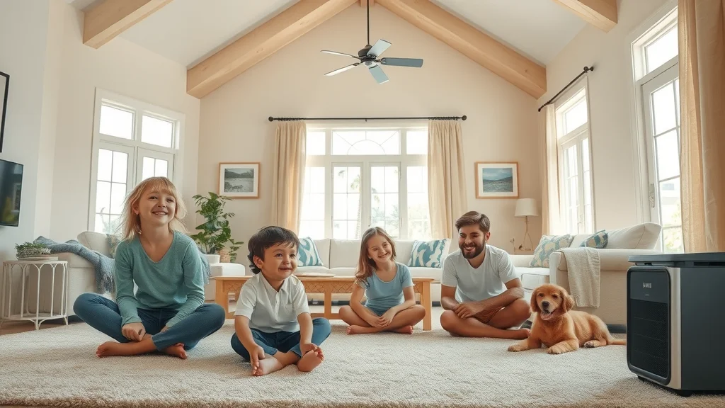 Eustis FL family enjoying enhanced air quality in a comfortable home, children and pets playing with visible HEPA air purifier and pollen-free sunlight