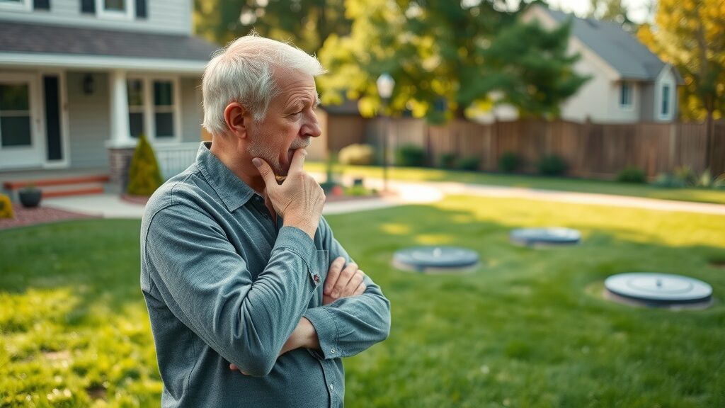 Homeowner inspecting lawn for septic system inspection Eustis, visible septic tank covers, morning dew, residential property