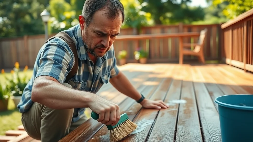 Homeowner maintaining their cost-effective outdoor deck, scrubbing wood boards to extend deck life