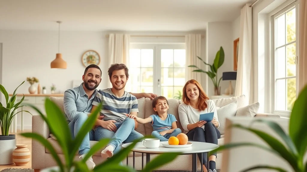 Spotless Eustis living room cleaned by professional cleaners, cheerful family relaxing in home clean environment, plush furnishings and fresh plants