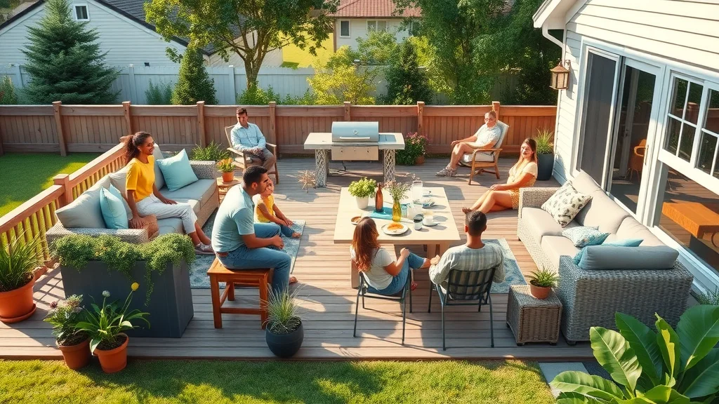 spacious 500 square foot deck - family gathering on a large outdoor deck with furniture and activities