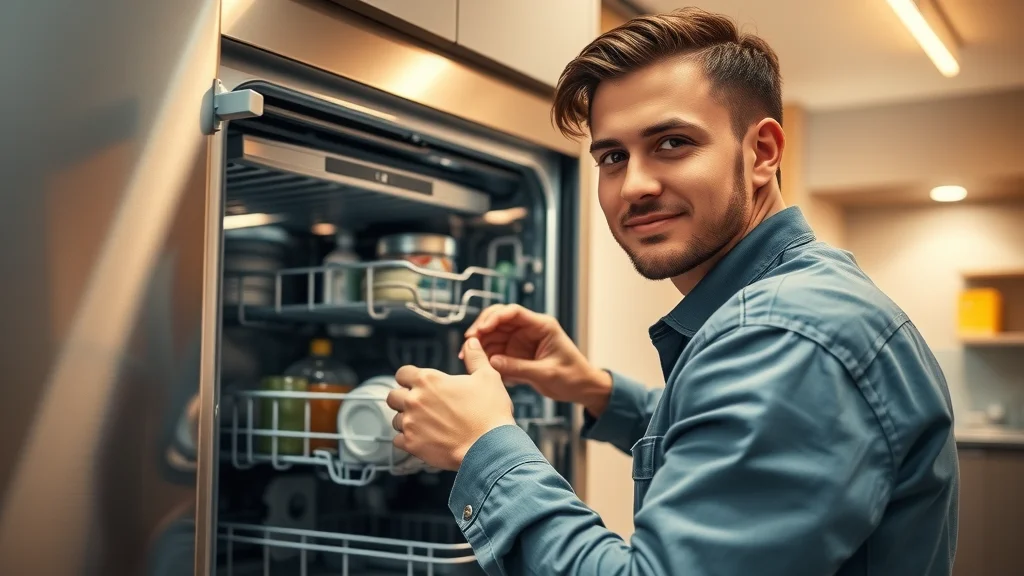 Dishwasher repair technician working in modern Eustis kitchen with stainless steel appliances