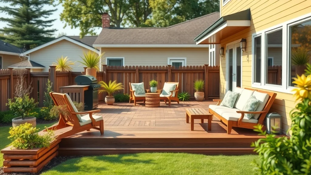 Well-constructed deck in inviting backyard with grill and outdoor furniture, highlighting successful deck build planning
