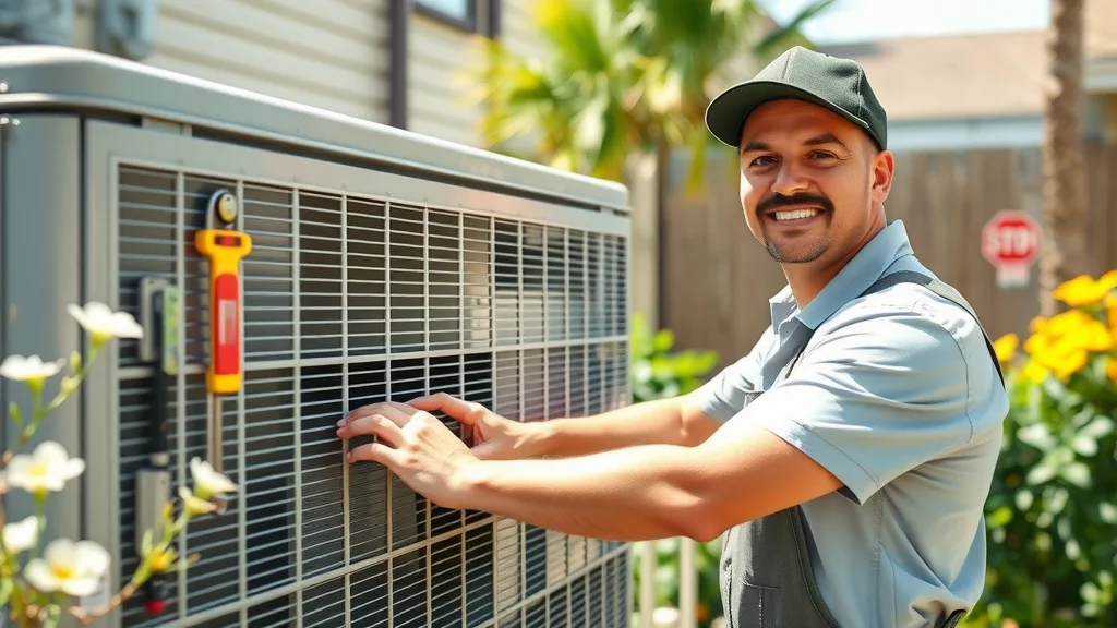 Smiling HVAC technician servicing outdoor Eustis air conditioning unit, professional, clean uniform, bright Florida backyard, midday sunlight.