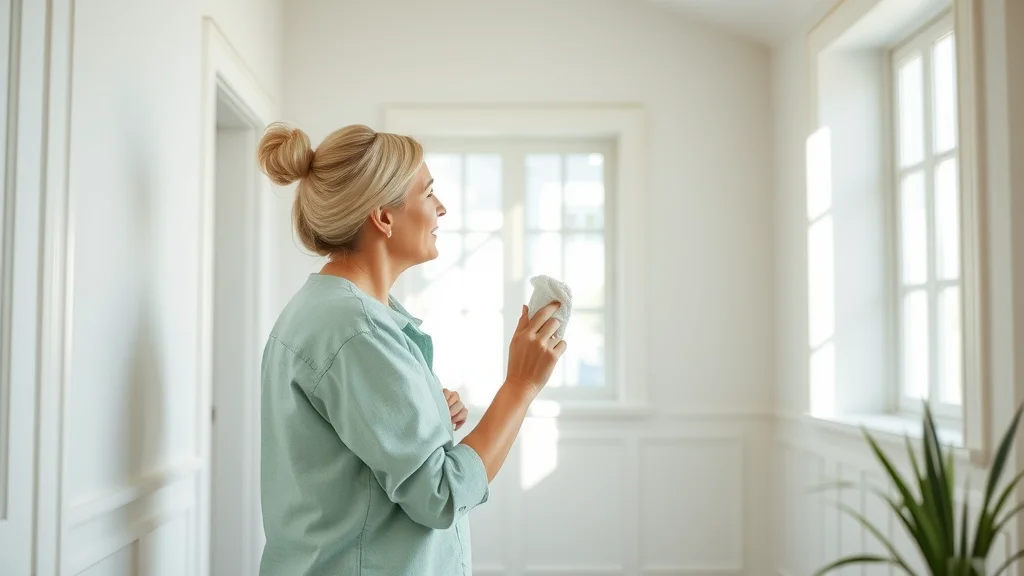 Homeowner in Eustis FL comparing inviting green, blue, and neutral paint swatches against a wall, modern light and tropical plant elements