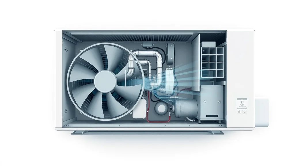 Detailed cutaway of a modern Eustis air conditioning unit, clearly displaying condenser coils, fans, filter, and airflow. Technical, blue-gray color, crisp, informative.