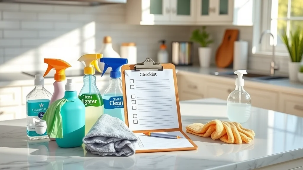 Deep cleaning Eustis FL homeowner checklist with organized cleaning supplies on countertop