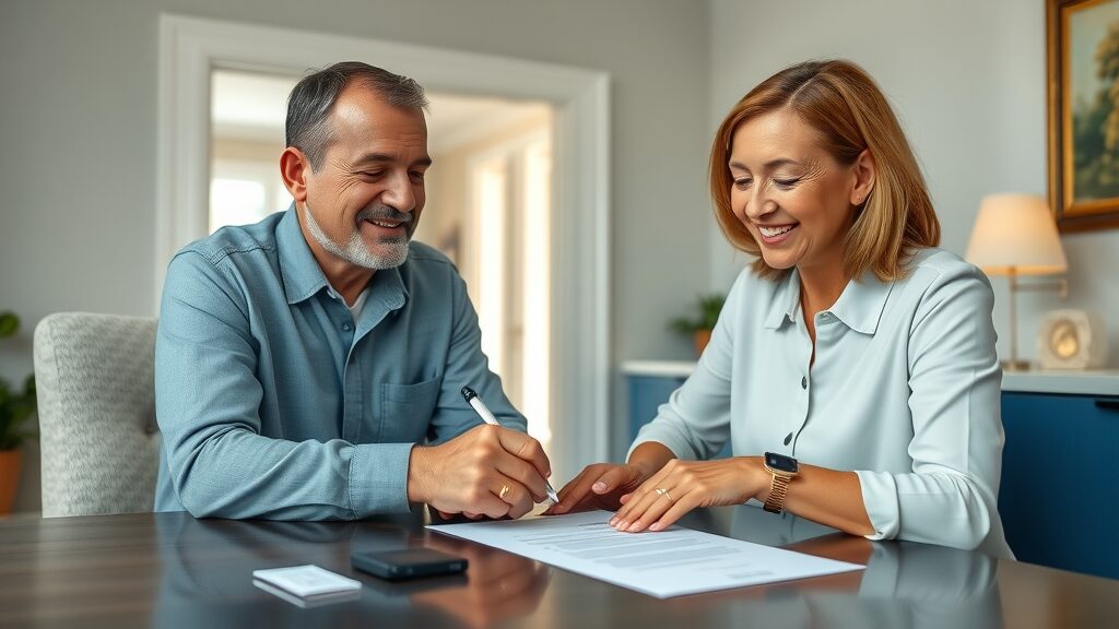 Florida homeowner signing septic maintenance contract with local professional - septic system maintenance cost Eustis
