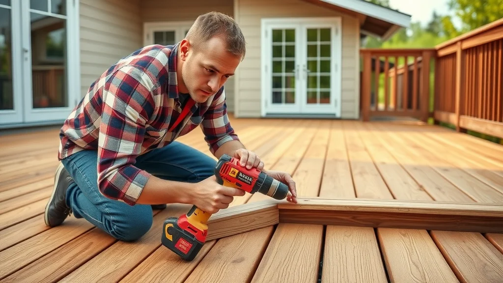 DIY deck builder installing and aligning decking boards on a simple deck structure