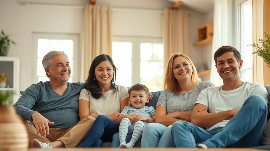 Eustis energy efficient home air improves indoor air quality and savings for a diverse Eustis family, relaxing in a sunlit, modern living room with visible airflow.