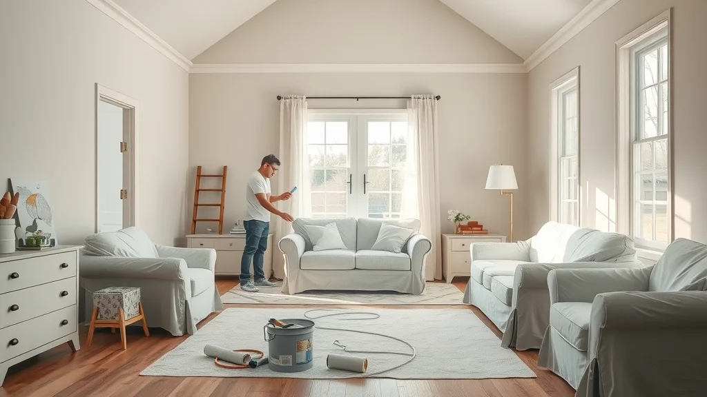 Organized painting setup in sunlit Eustis home with covered furniture and painters prepping surfaces for a fresh coat of paint, pastel palette
