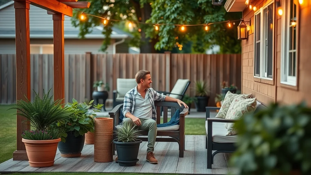 Inviting backyard deck with cozy seating and potted plants, perfect for cost-effective outdoor decks in a suburban yard