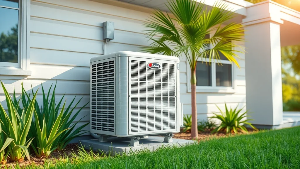 Energy efficient air conditioner outside a Eustis FL home surrounded by lush green landscaping in bright sunlight