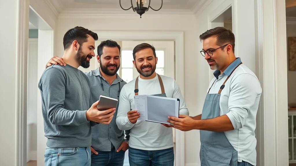 Group of professional painters Eustis Florida discussing project progress with a checklist on a tablet in a freshly painted home foyer, with engaged, positive expressions, photorealistic style.