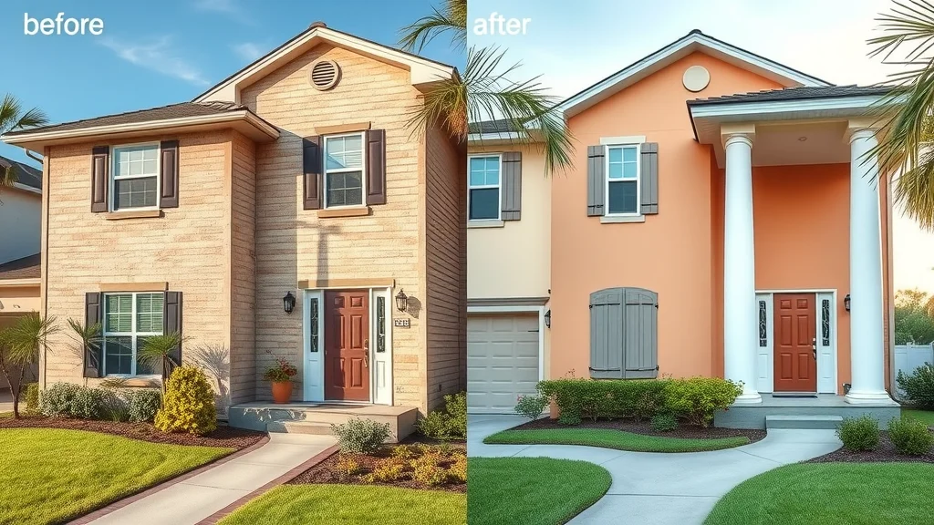 Before and after: Eustis home exterior showing dramatic painting transformation - house painting, curb appeal, painting services in Eustis