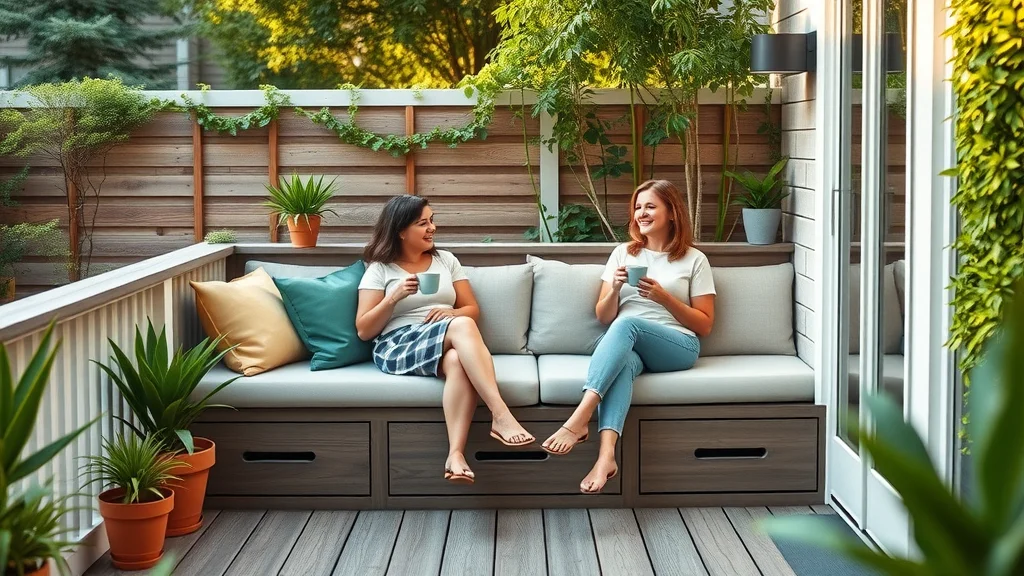 Small deck design ideas featuring modern built-in bench seating with storage, colorful throw pillows, and a vertical garden in a lush backyard