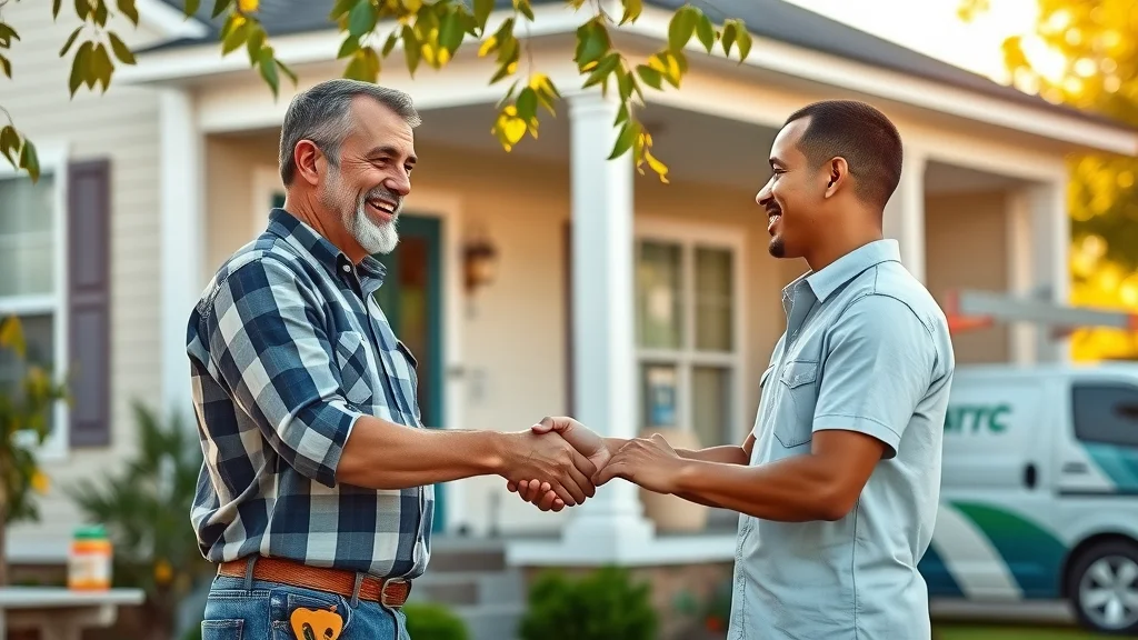 Affordable painting contractor Eustis—client and painting professional shaking hands in front of freshly painted home, photorealistic
