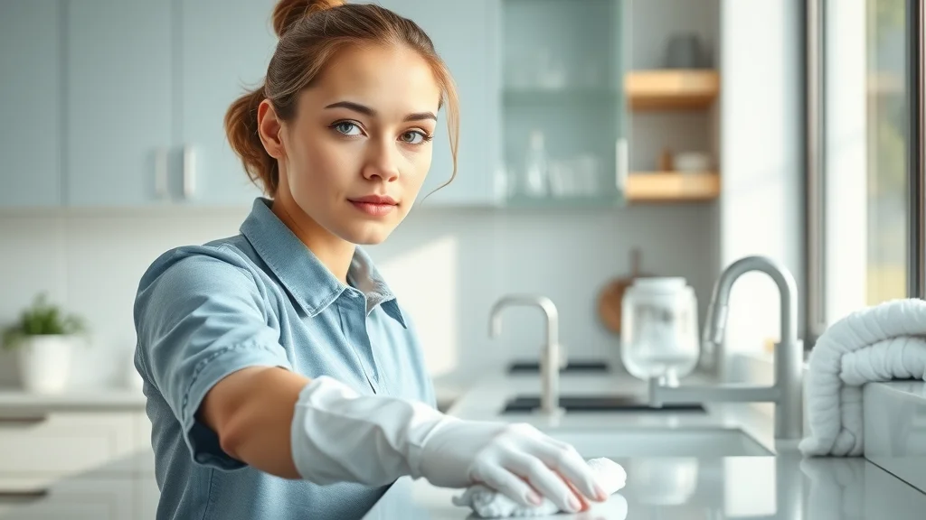 Motivated professional cleaner in Eustis using safe, high-quality cleaning products on hard surfaces in a modern kitchen