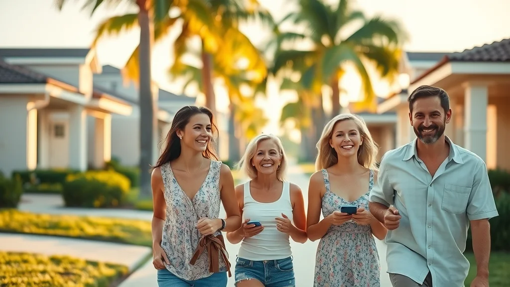 Bright, inviting Florida neighborhood with relaxed families enjoying energy saving air systems Florida; palm-lined street and efficient AC units on homes