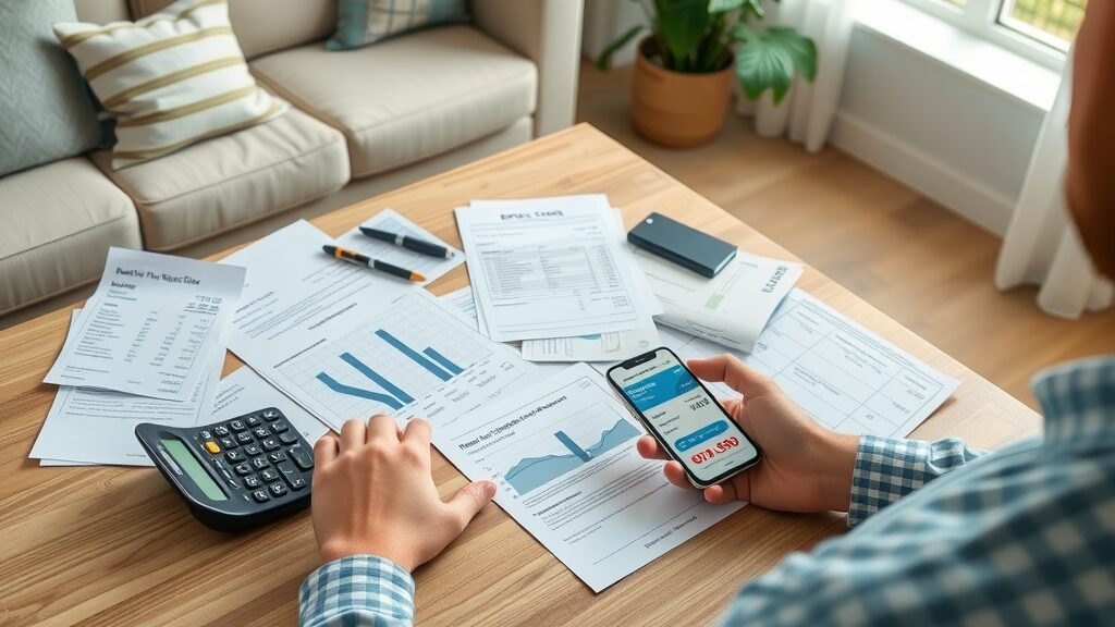 Paperwork, calculator, and smartphone showing septic system repair estimate - cost of septic system repair Eustis FL