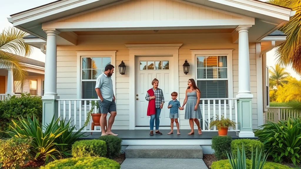 Charming Florida house after professional painting, family admiring fresh paint on porch in lush, sunlit neighborhood, photorealistic.