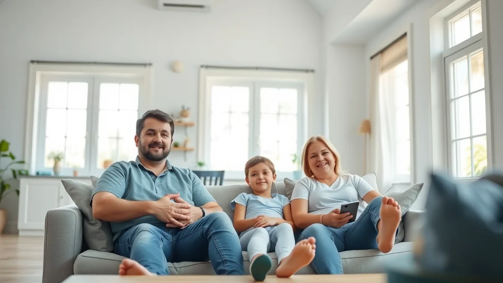 Bright, modern Florida home interior with calm, satisfied family relaxing and sleek Eustis air conditioning systems vent. Photorealistic, natural daylight, spacious, clean and inviting.