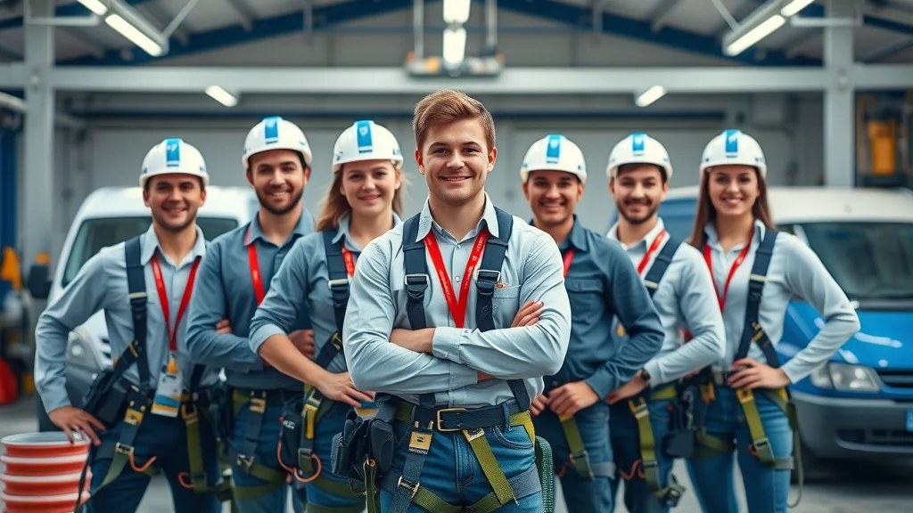 Certified commercial window cleaners team in uniform with safety equipment and cleaning vans, ready for window cleaning services.