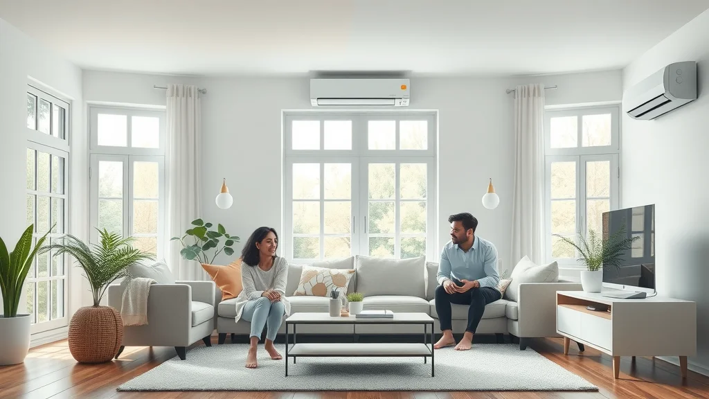 energy-efficient asthma reduction ac happy family vs outdated unit in modern living room, clean indoor air quality, clear airflow and dust illustration